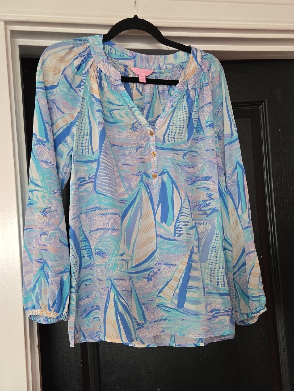 Lilly Pulitzer Silk Elsa Top In Aboat Time Sailboat Print Size Medium